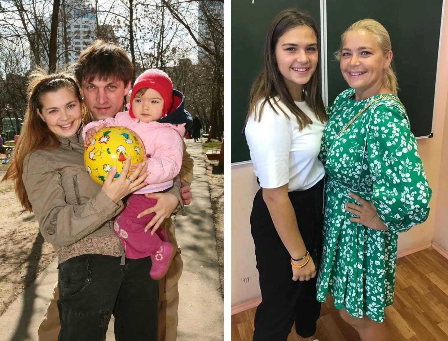 Семейное фото: слева Ирина Пегова с мужем и дочерью, справа – актриса с повзрослевшей дочерью